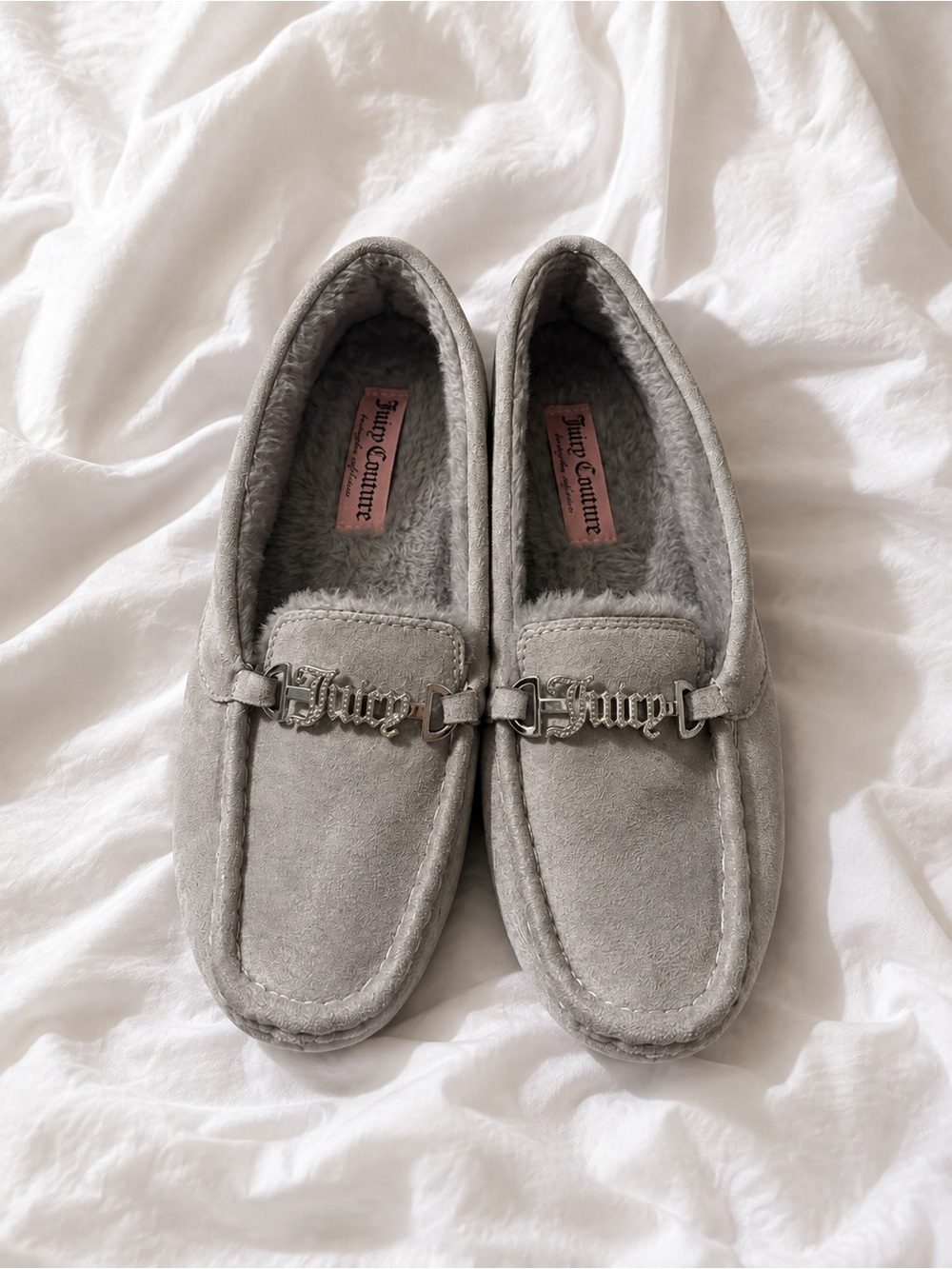 Juicy Couture Gray Suede Plush-Lined Moccasin Slippers